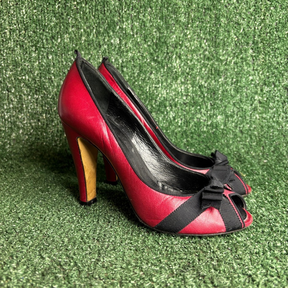 Marc Jacobs Bow Peep Toe Leather Ribbon Classic Pumps Red Black‎ Women Size 6.5